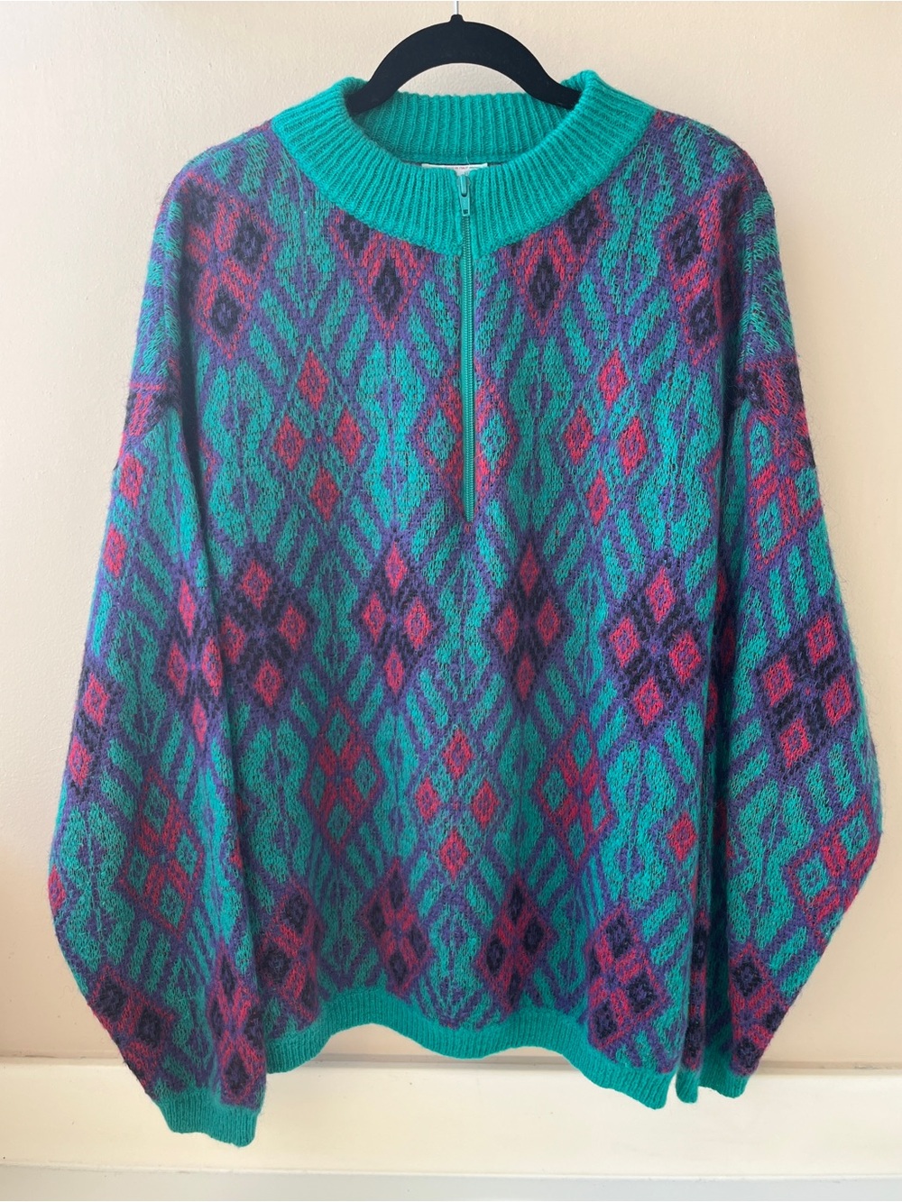 Vintage 80s Benetton Italian Turquoise/Magenta Sweater Diamond Print- XXL